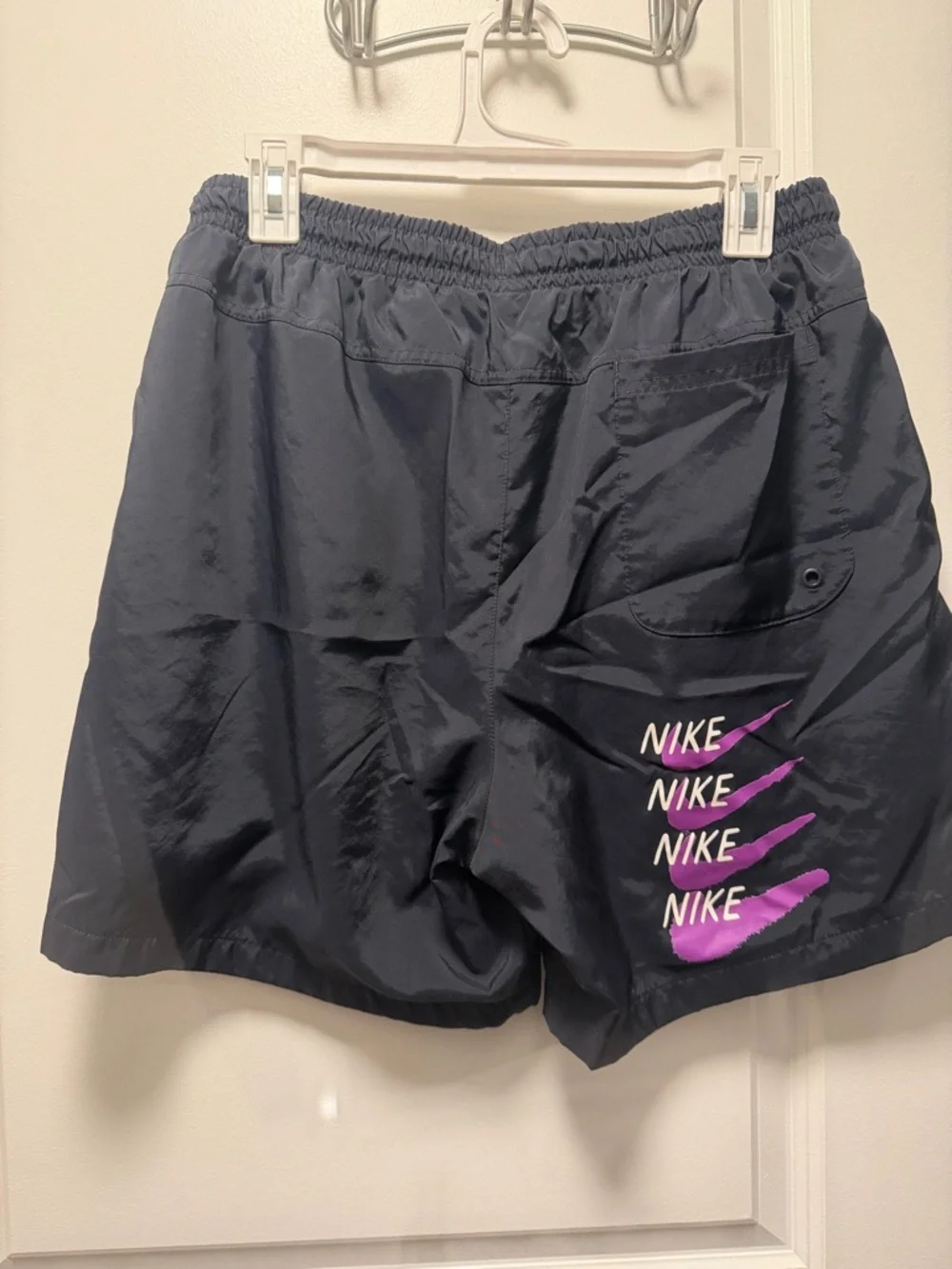 Nike Black Athletic Shorts with Neon Yellow Script and Lavender Drawstring - Picture 3 of 3